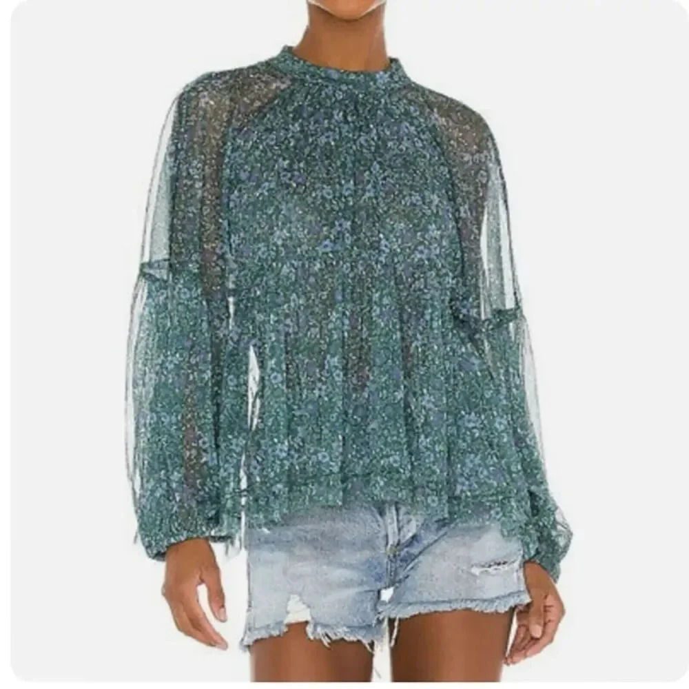 Free People Babydoll Top Mesh Balloon Sleeves Ties in the Back Floral Print Sz S